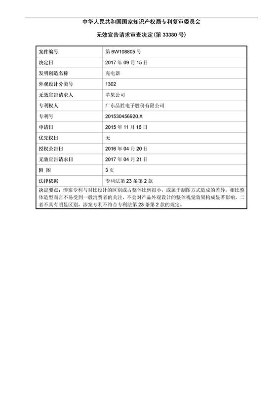 蘋果VS品勝「充電器」外觀設(shè)計(jì)專利無效決定書