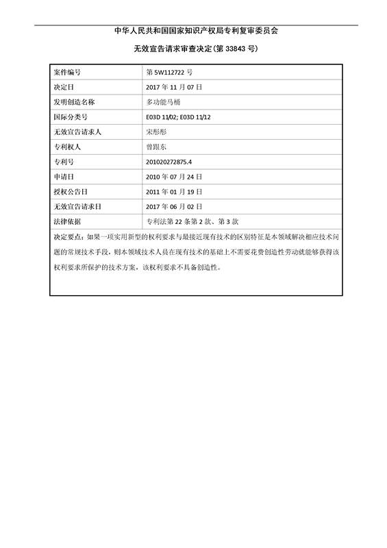 「多功能馬桶」無效宣告決定書！