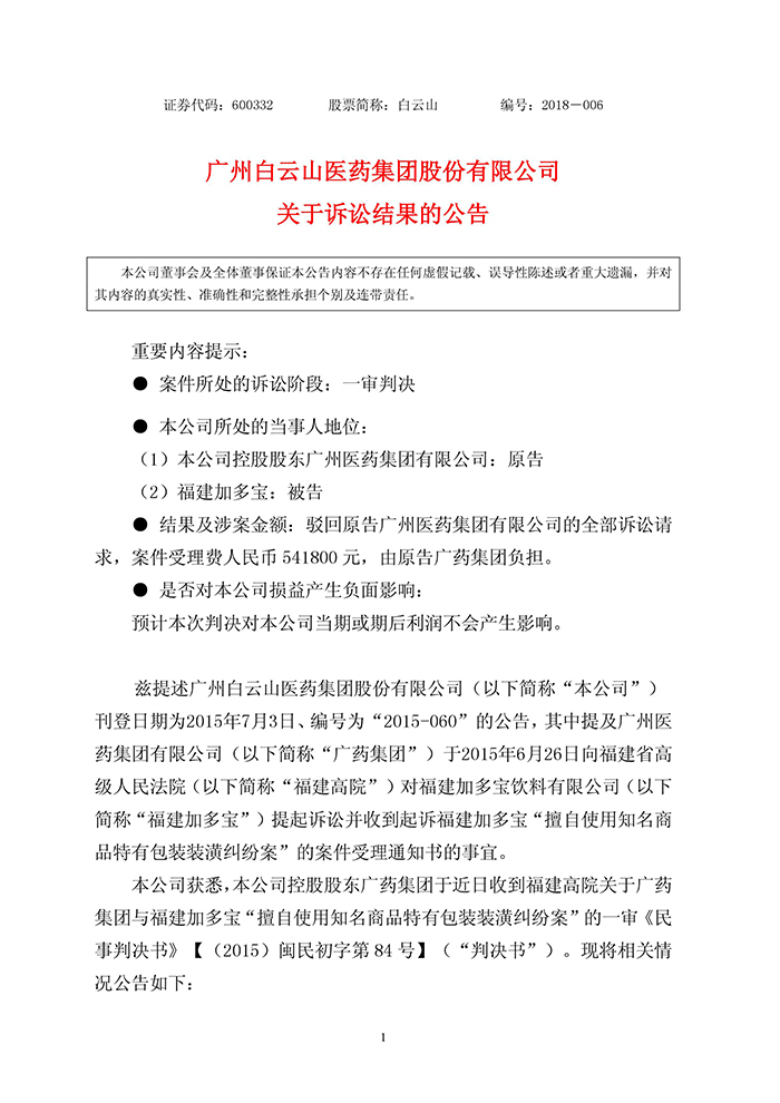 廣藥集團(tuán)訴加多寶侵權(quán)案敗訴！億元賠償?shù)仍V求全被駁回（公告全文）