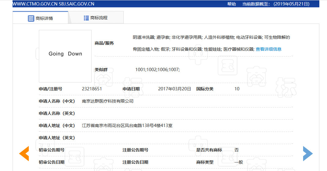 “GoingDown”夠淫蕩商標復審案一審判決書（全文）