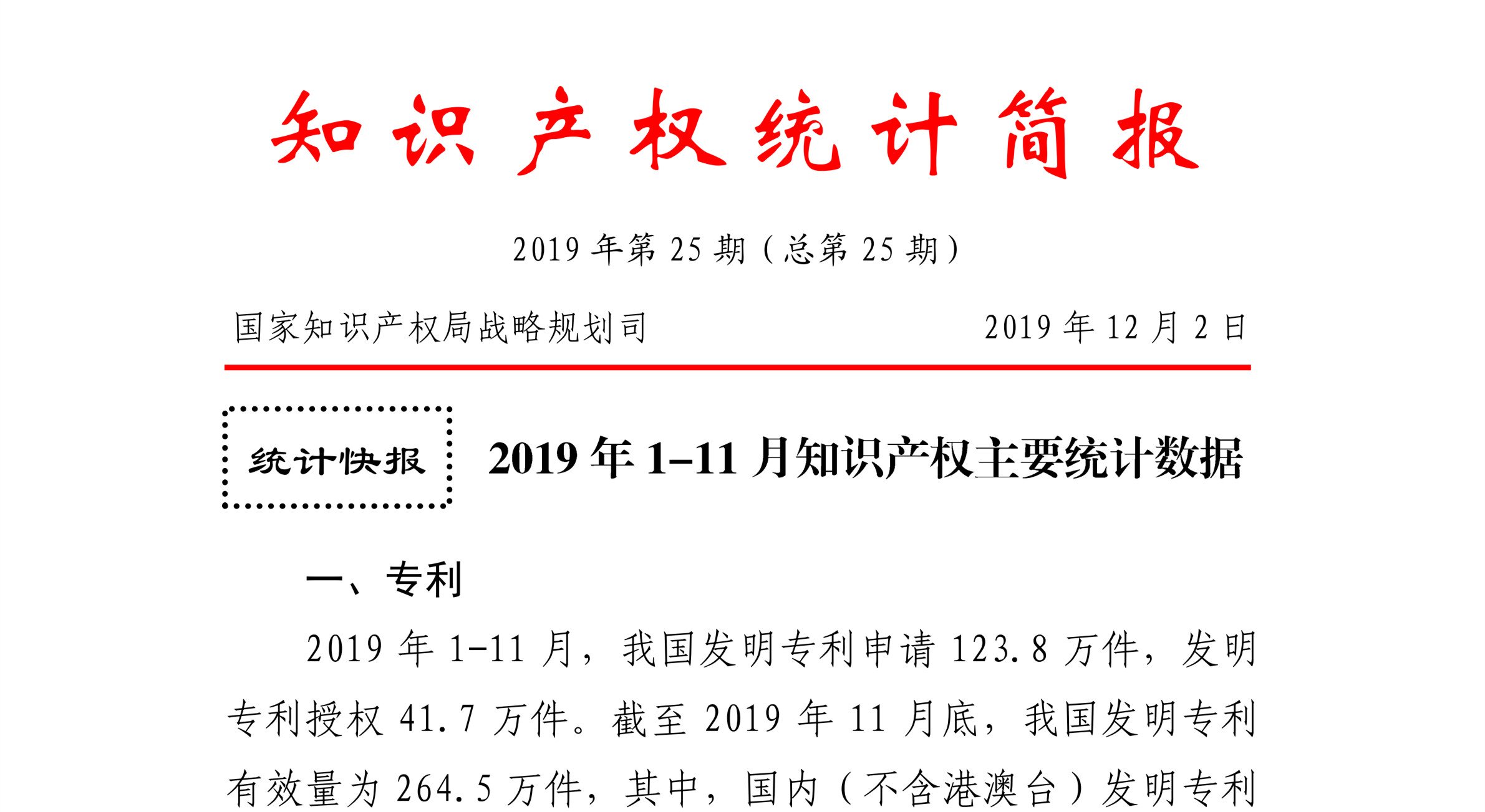 國知局發(fā)布2019年1-11月「專利、商標、地理標志」統(tǒng)計數(shù)據(jù)