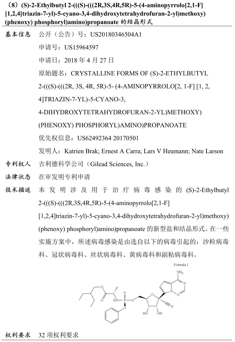 吉利德科學公司Remdesivir（瑞德西韋）相關專利介紹