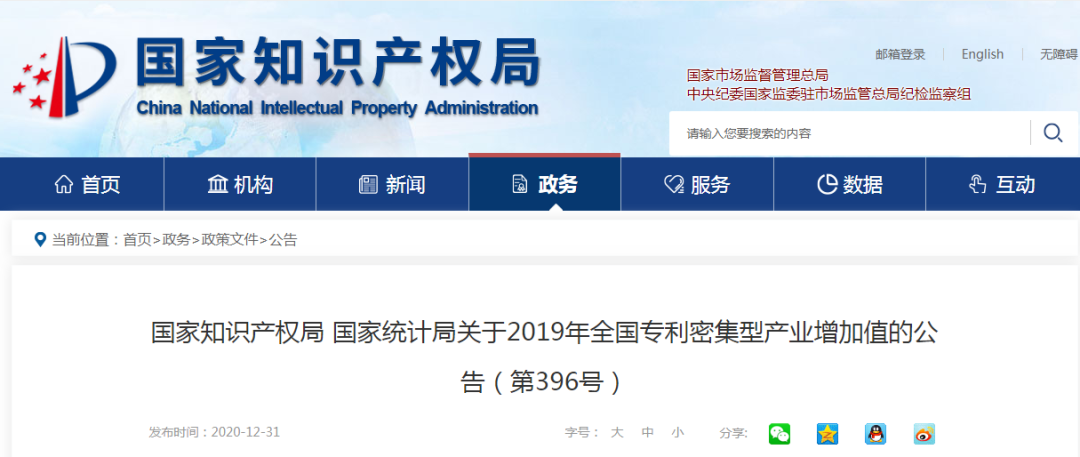 2019年全國專利密集型產(chǎn)業(yè)增加值為114631億元，占GDP的11.6%！