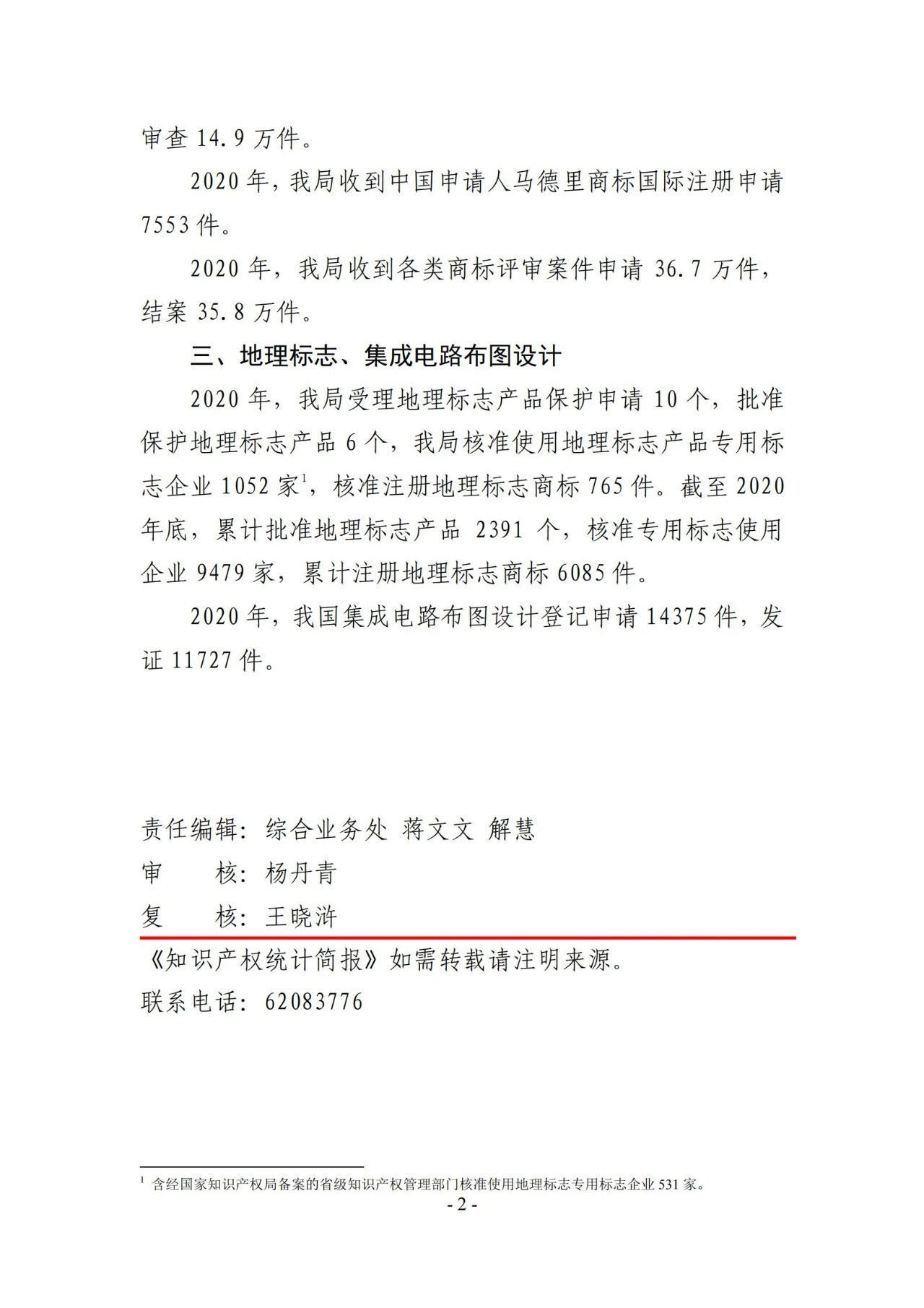 2020年度專利、商標(biāo)、地理標(biāo)志等統(tǒng)計(jì)數(shù)據(jù)簡(jiǎn)報(bào)（2021年第一期）