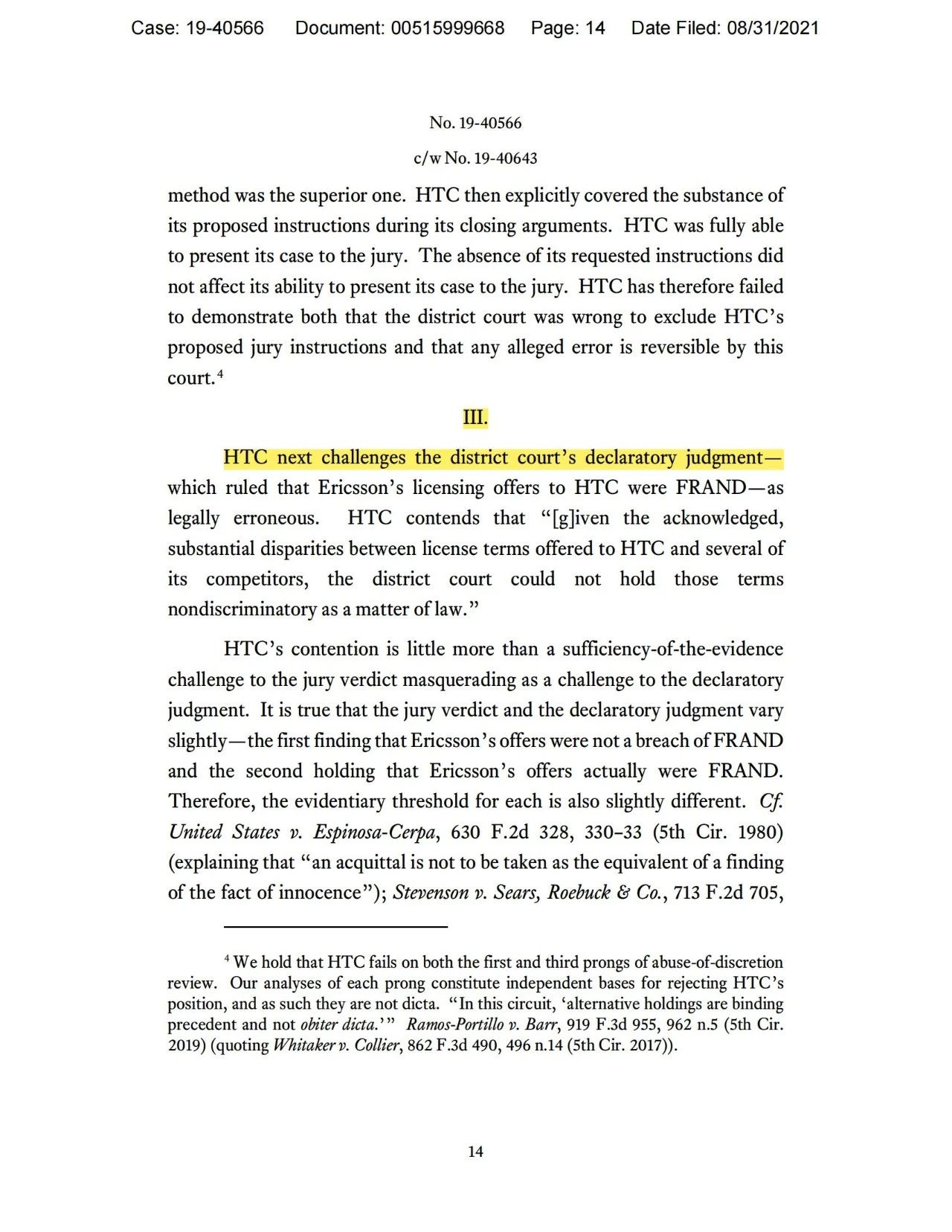 美國第五巡回上訴法院二審判決認(rèn)定愛立信符合FRAND承諾