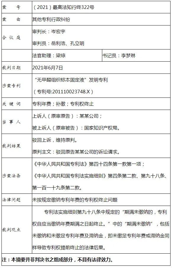 未繳足專利年費(fèi)或滯納金導(dǎo)致專利權(quán)終止，是否合理合法？（附判決書）