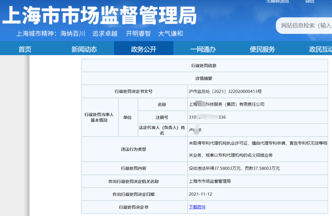 因擅自代理1138件專利申請(qǐng)被沒收違法所得37萬元，并罰款37萬元！