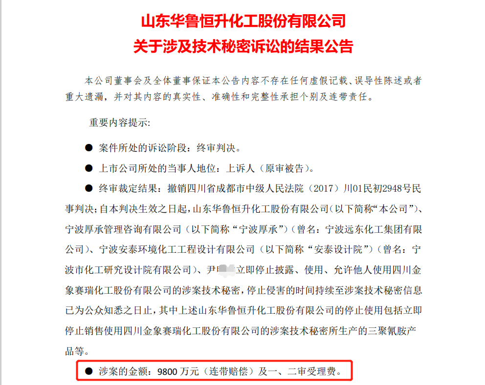 終審判賠共2.18億元，華魯恒升與金象賽瑞的兩起知識(shí)產(chǎn)權(quán)糾紛塵埃落定