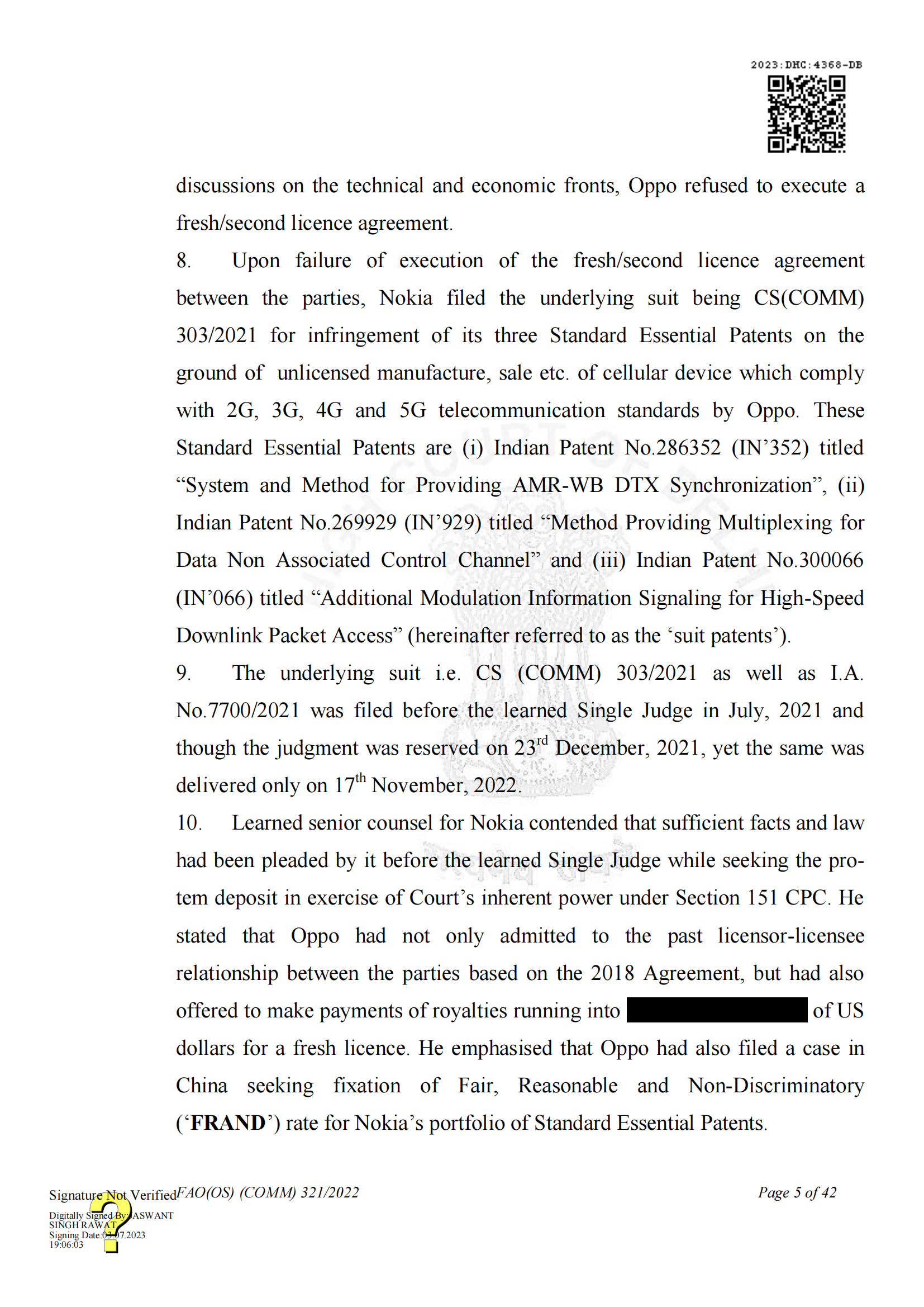 最新進(jìn)展！印度高等法院要求OPPO支付保證金，因涉嫌侵犯諾基亞5G SEPs｜判決書(shū)