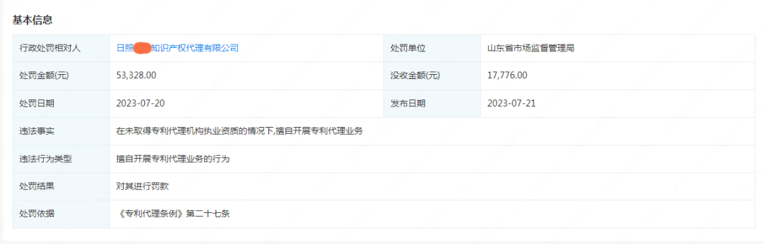 因擅自開展專利代理業(yè)務(wù)，日照一知識(shí)產(chǎn)權(quán)代理公司被罰沒7萬余元