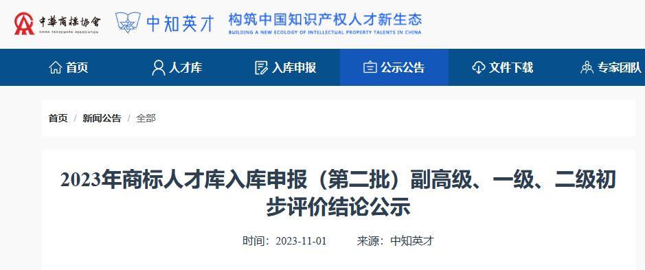 2023年商標(biāo)人才庫入庫申報(bào)（第二批）副高級98人，一級634人，二級665人丨附名單