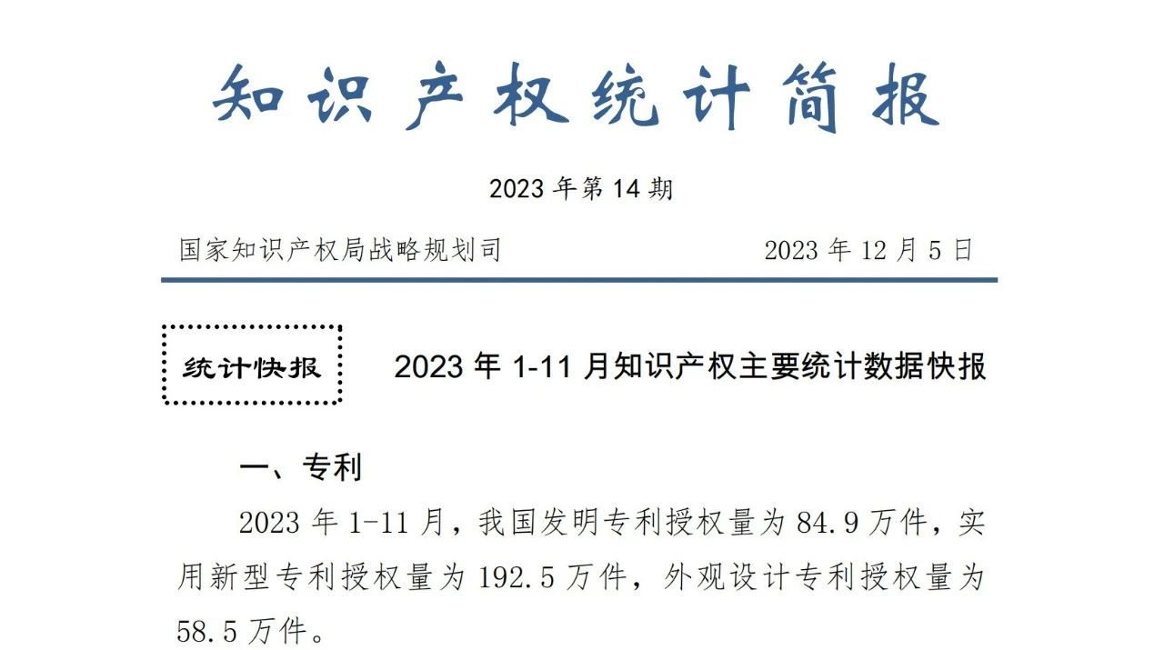 2023年1-11月專利、商標(biāo)、地理標(biāo)志等知識產(chǎn)權(quán)主要統(tǒng)計數(shù)據(jù) | 附數(shù)據(jù)詳情