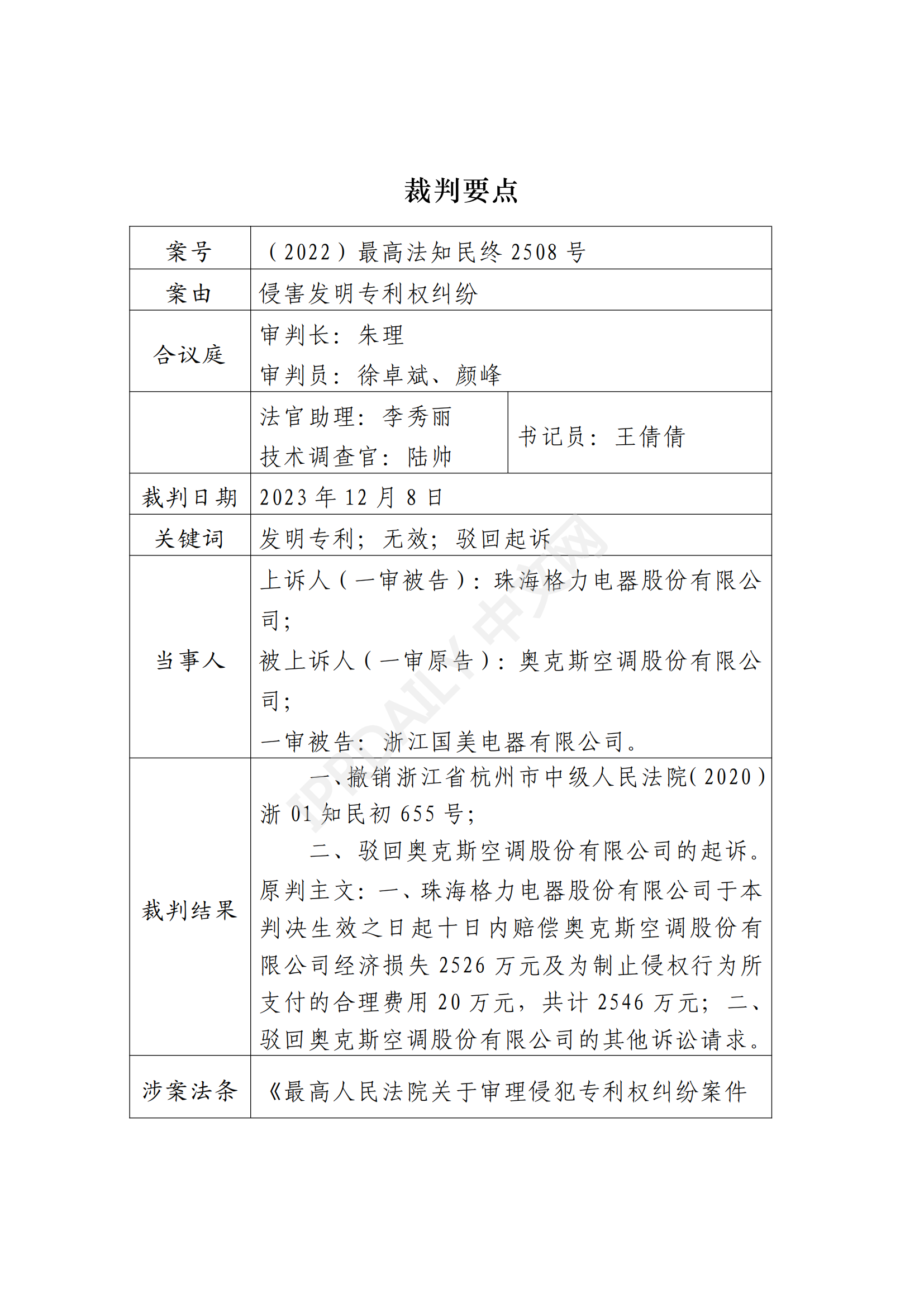 最高院最新判決：四案改判、格力翻盤、2.2億專利賠償蒸發(fā)