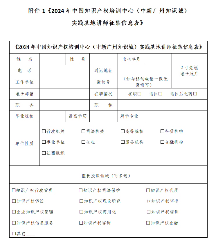 中國知識產(chǎn)權(quán)培訓(xùn)中心（中新廣州知識城）實踐基地講師征集公告！