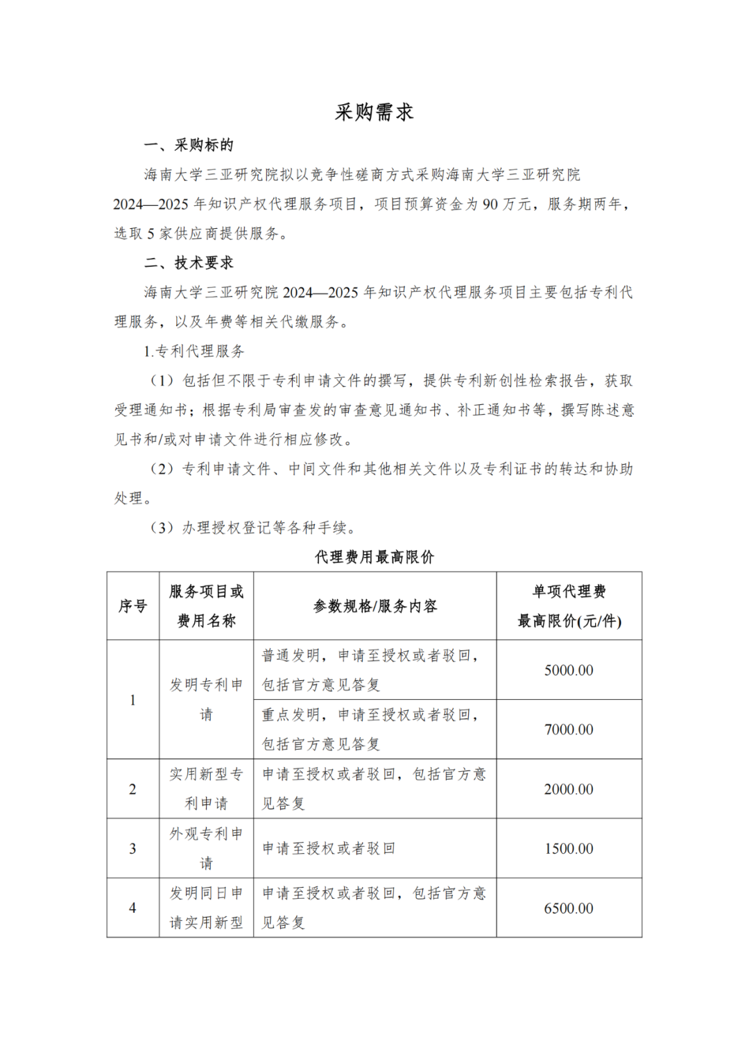 發(fā)明專利申請(qǐng)最高限價(jià)7000元，實(shí)用新型2000元！海南大學(xué)三亞研究院900000采購知識(shí)產(chǎn)權(quán)代理服務(wù)