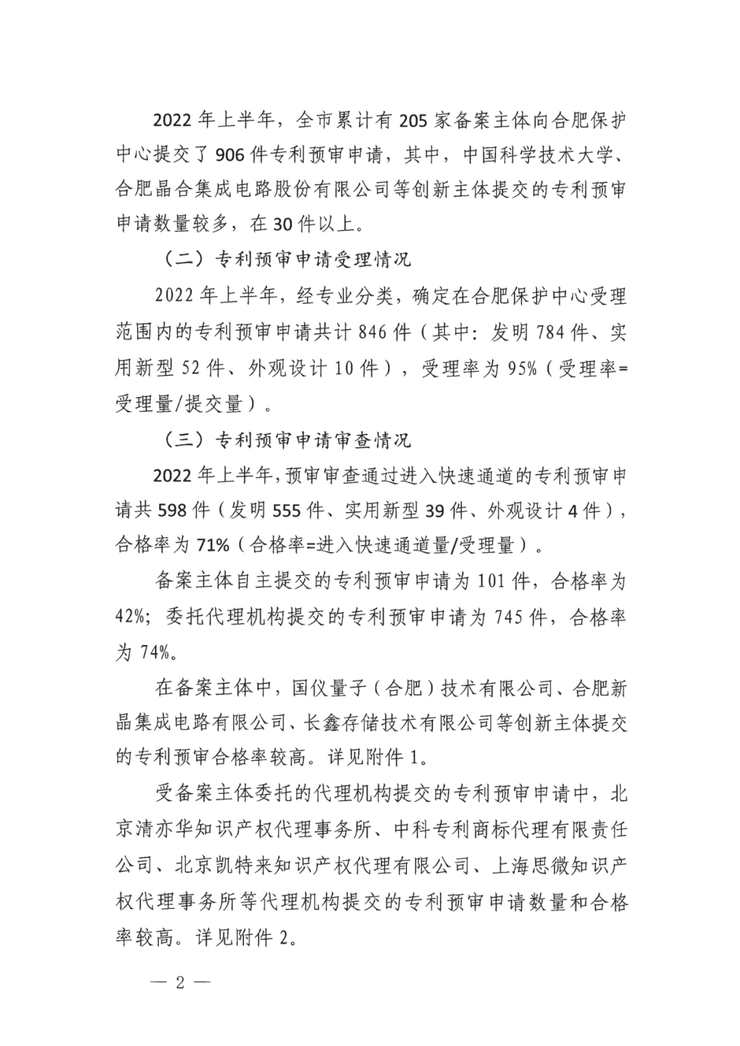 中國（合肥）知識產權保護中心2022年上半年專利預審申請合格率為71%